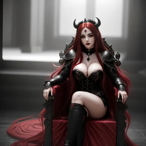 Prompt: sensuous young adult female hell, demon, light armor with ample cleavage ,long wavy red hair with black highlights, black conjunctiva with red iris, gothic style clothes , sitting on a hell throne in a gothic throne style throne room, ethereal, royal vibe, highly detailed, digital painting, Trending on artstation, Big Eyes, artgerm, cinematic 3d volumetric, distorted time lapse, wide landscape mode, ISO 1500, Aperture f/2.5, APS-C, RAW, Splash art, dark fantasy art, stunning bokeh, super detailed, 64k, high quality perfect lighting, perfect shadows.