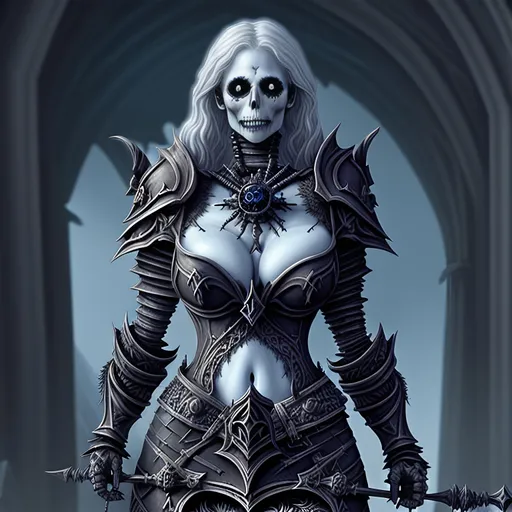 Prompt: Create a highly detailed AI defined image of a highly detailed sensuous, ample cleavage, medieval undead fantasy female death knight character in a fictional fantasy dark realm. Vibrant, alluring, majestic colors