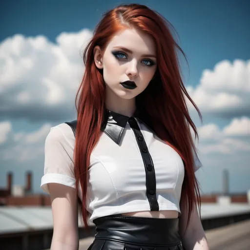 Prompt: Modern Goth style, (attractive 25-year-old) feminine petite male, (long red hair), ((alluring soft feminine facial features)), (short black leather skirt), (white loose crop top), (black thick leather collar), enticing blue eyes, captured in a bottle, rich textures, intricate background details, HD, cinematic quality. The background sky is dark, The rendering should achieve a level of realism that brings her to life, ensuring that her expressions and features resonate with vivid detail and authenticity.