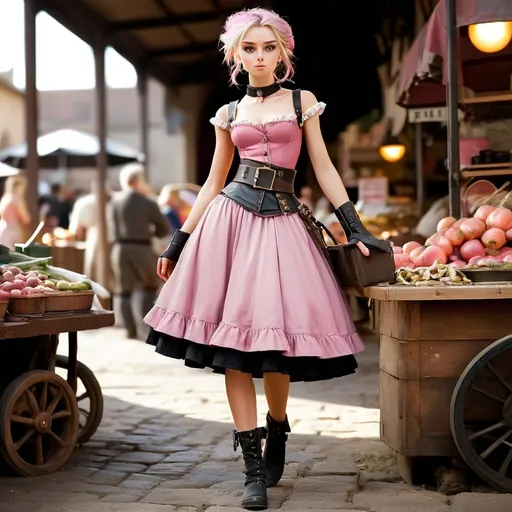 Prompt: (Steam punk style), In roman times shopping at a market, a 25-year-old (full body) of an ultra petite person, random length hair, random (single color) hair, (adult feminine facial features), exquisitely small waist, (black steel collar), wearing an ultra frilly pink petticoat dress and a black leather utility belt, warm color tones creating a cozy atmosphere, (ultra-detailed, HD) quality.