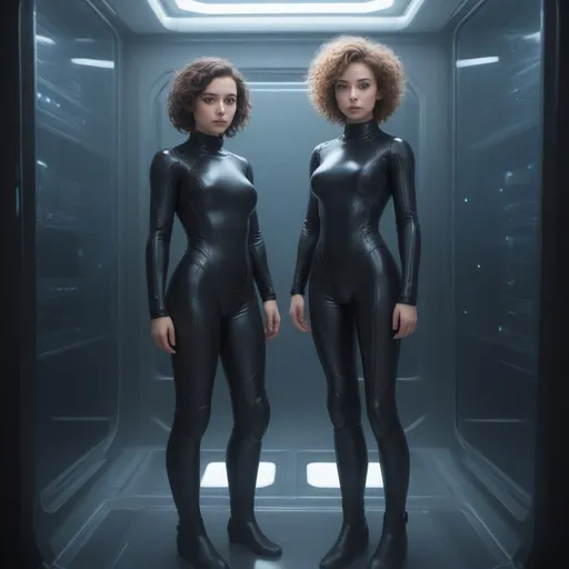 Prompt: (futuristic sci-fi style), scientists lab background, A 25-year-old full body ultra petite (subtle small petite chest, feminine body, person), (curly wavy hair, random length hair), (soft boyish facial features), exquisitely small waist, (black steel collar) (the woman is trapped inside a giant transparent full body box), (frozen in place yet looking perfect), (cool color scheme), (highly detailed), (dynamic contrast between figures), (tense atmosphere), (illustrative techniques).