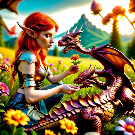 Prompt: A wide-angle, photo realistic image of a young adult gorgeous redhead "faerie Assassin woman" feeding a battle dragon gnomes as it stands over a lush meadow filled with vibrant flowers. The scene is bathed in the warm glow of the golden hour, with dynamic, mysterious lighting that highlights the faerie's shimmering skin. Emphasizing incredible detail and hyper-realistic elements. The color palette utilizes triadic colors, creating a stunning visual effect. This cinematic film still captures the essence of a masterpiece in 8K resolution.