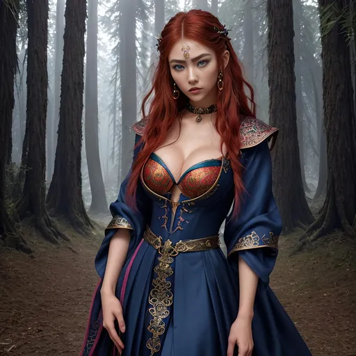 Prompt: Create a full body, fantasy style ultra Intricate detailed mythical style "top of the world". Focused on an hyper cute young slender female random color hair woman, intricately detailed piercing blue eyes, alluring gaze, healthy Asian features and skin, red hair, proportionate cleavage, wearing an iron slave collar, wearing multi color silk robes,

Professional Photo Realistic Image, RAW, artstation, splash style dark fractal paint, contour, hyper detailed, intricately detailed, unreal engine, fantastical, intricate detail, steam screen, complementary colors, fantasy concept art, 8k resolution, deviantart masterpiece, splash arts, ultra details Ultra realistic, hi res, UHD, 64k, 2D art rendering, depth of field 4.0, APSC, ISO 1600, zoom 0.5