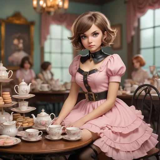 Prompt: (Steam punk style), Highly detailed background is a pastel-colored tea party setting, with a long table adorned with fine china, biscuits, and tea cups, serving tea is a 25-year-old (full body) of an ultra petite person, short bob cut hair, (light brown hair), (adult slightly masculine facial features), exquisitely small waist, (black steel collar), wearing an ultra frilly pink petticoat dress and a black leather utility belt, warm color tones creating a cozy atmosphere, (ultra-detailed, HD) quality.