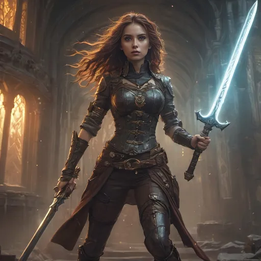 Prompt: Create an image of a (petite body) skinny waist, brave young adult female warrior appropriately holding a magical glowing sword, long hair , fantasy, digital image,

Wearing random steampunk style armor

Running toward a magical portal in a steampunk style background in the 19th Century)), wearing a ((Thick heavy iron collar tight around neck)), Random Hair Color, 

Detailed lighting and slight dramatic shadows, atmospheric mood, rich textures, historical undertones, thoughtfully composed, hyper-realistic quality, ultra-detailed 4K imagery.