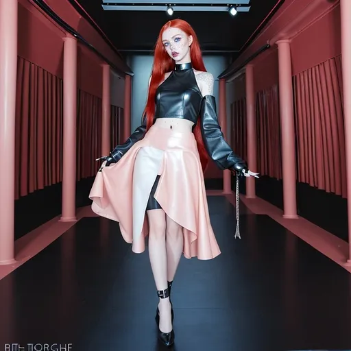 Prompt: Modern Goth style, attractive 25-year-old petite woman), (long red hair), (freckles over the nose and cheeks) (alluring soft feminine facial features), (ultra short black leather skirt), white loose crop top, black thick leather collar), enticing blue eyes, inside a magical pink room.