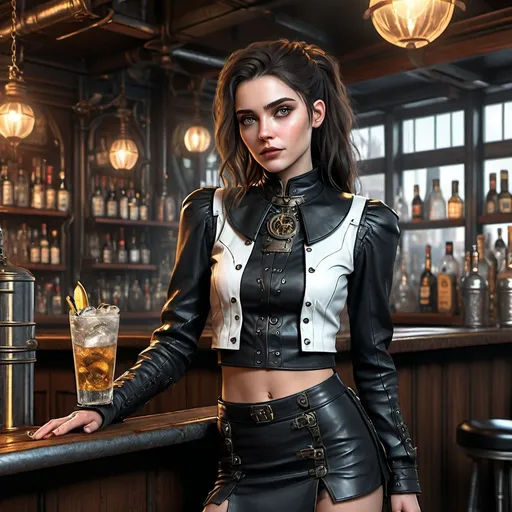 Prompt: (ultra realistic digital art), futuristic style, 30-year-old feminine male, ((alluring soft feminine facial features)), (short black leather skirt), (short white loose midriff crop top), (black leather collar), long flowing hair, set in a dirty elaborate steampunk bar, rich textures, intricate background details, HD, cinematic quality. The rendering should achieve a level of realism that brings her to life, ensuring that her expressions and features resonate with vivid detail and authenticity.