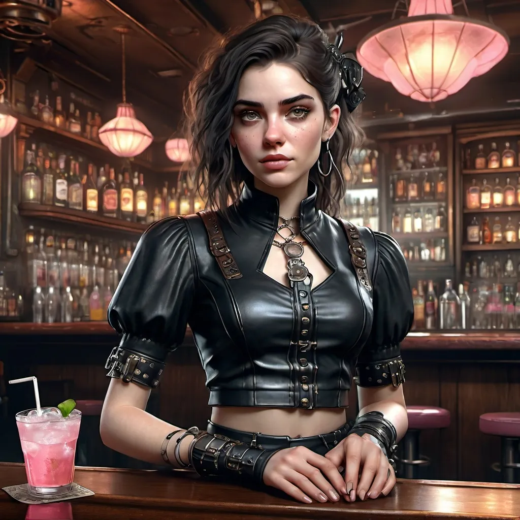 Prompt: (ultra realistic digital art), futuristic style, 30-year-old feminine male, ((alluring soft feminine facial features)), (short black leather skirt), (short white loose midriff crop top), (black leather collar), long flowing hair, set in a dirty elaborate steampunk bar, drinking a pink bubbly beverage, rich textures, intricate background details, HD, cinematic quality. The rendering should achieve a level of realism that brings her to life, ensuring that her expressions and features resonate with vivid detail and authenticity.