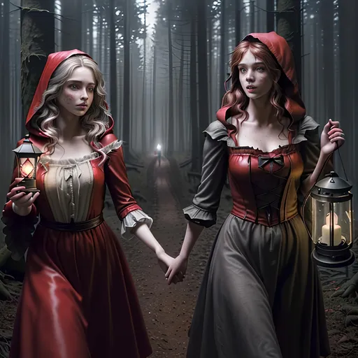 Prompt: Create the Image of a gorgeous young adult Brothers Grimm depiction of red riding hood and her young adult sister with random natural hair colors, perfectly detailed cute face, full luscious lips, natural freckles, perfect body composition,

walking in the middle of a dark dystopian forest, carrying a lit lantern to light the way,

hyper realistic, super detailed, 8k, high quality, trending art, trending on artstation, sharp focus, studio photo, perfect lighting and shadows.