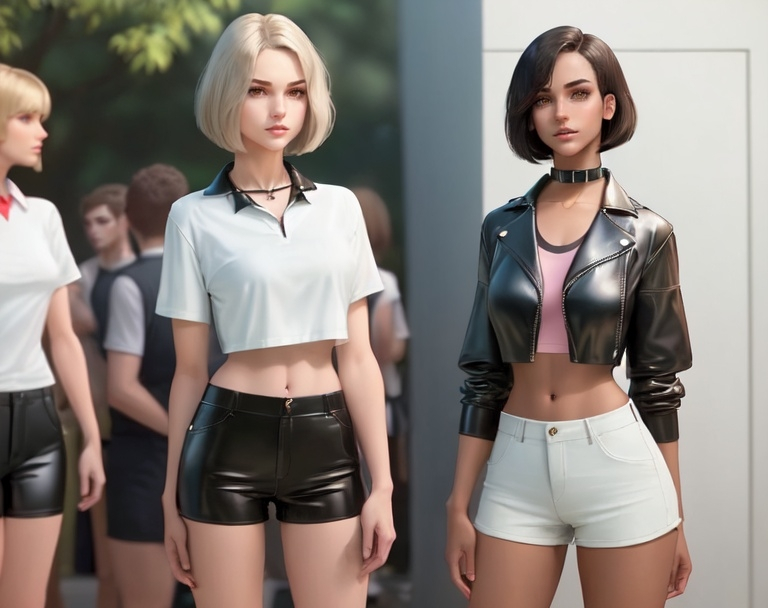 Prompt: Create a young adult woman with a slight feminine body, gorgeous lightly masculine facial structure, male chest, medium length wavy bob cut hair random color, wearing a college uniform and tight shorts (leather collar). Standing outside talking to other girls.