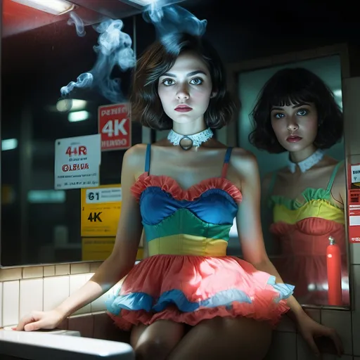 Prompt: an closeup image of a 23 year old adult (feminine body), ((flat chest)), skinny waist, ((medium bob cut hair)). open eyes, scared, heavy ultra feminine messed up makeup.

Inside a gas station bathroom stall.

Wearing an uber short, multi-color ultra frilly fluffy 5 layered petticoat dress, ((Thick heavy iron collar around their neck)) 

Thoughtfully composed, hyper-realistic quality, ultra-detailed 4K imagery.