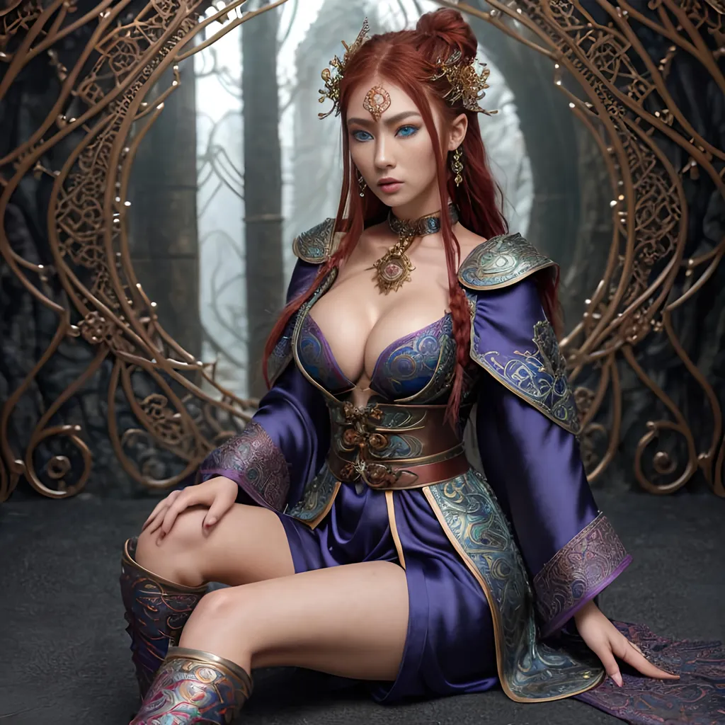 Prompt: Create a full body, fantasy style ultra Intricate detailed mythical style "top of the world". Focused on an hyper cute young slender female random color hair woman, intricately detailed piercing blue eyes, alluring gaze, healthy Asian features and skin, red hair, proportionate cleavage, wearing an iron slave collar, wearing multi color silk robes,

Professional Photo Realistic Image, RAW, artstation, splash style dark fractal paint, contour, hyper detailed, intricately detailed, unreal engine, fantastical, intricate detail, steam screen, complementary colors, fantasy concept art, 8k resolution, deviantart masterpiece, splash arts, ultra details Ultra realistic, hi res, UHD, 64k, 2D art rendering, depth of field 4.0, APSC, ISO 1600, zoom 0.5