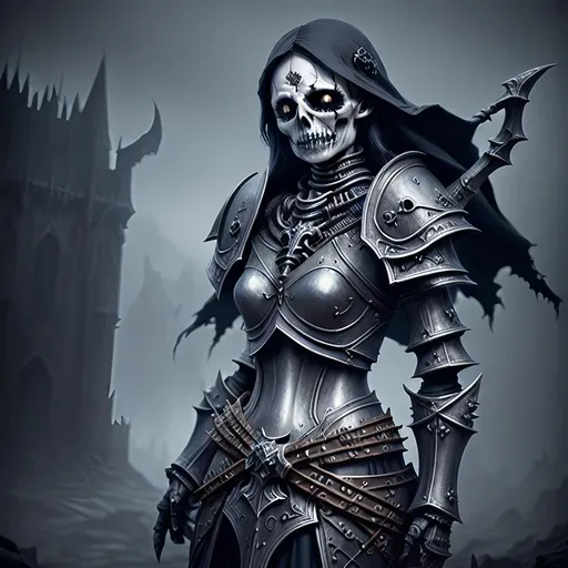 Prompt: Create a highly detailed AI defined image of a highly detailed medieval undead fantasy female death knight character in a fictional fantasy realm.

wide landscape lense, ISO 500, Aperture f/22, APS-C, Splash art, dark fantasy art, stunning bokeh, cinematic lighting and scale, super detailed, 64k, high quality perfect lighting, perfect shadows.