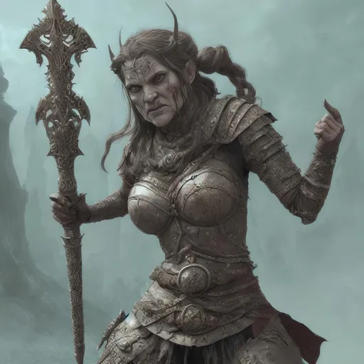 Prompt: Create a highly detailed AI defined image of a fantasy realm medieval woman warrior killing an orc.