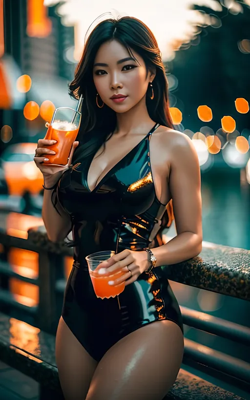 Prompt: Generate a high definition, 64K, cinematic lighting, ultra quality, ultra detailed photo realistic image of a beautiful woman drinking an orange soda from a glass bottle.

wide landscape lense, ISO 500, Aperture f/22, APS-C, Splash art, dark fantasy art, stunning bokeh, cinematic lighting and scale, super detailed, 64k, high quality perfect lighting, perfect shadows.