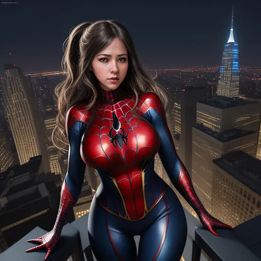 Prompt: Create a highly detailed AI defined image of a highly detailed beautifully stunning ultra cute adult finely detailed fantasy American woman, massive cleavage, wearing an alluring enticing skin tight Amazing Spider Man costume, standing on a city roof top, 

Award winning magazine image, cinematic lighting and scale, super detailed, 64k, high quality perfect lighting,