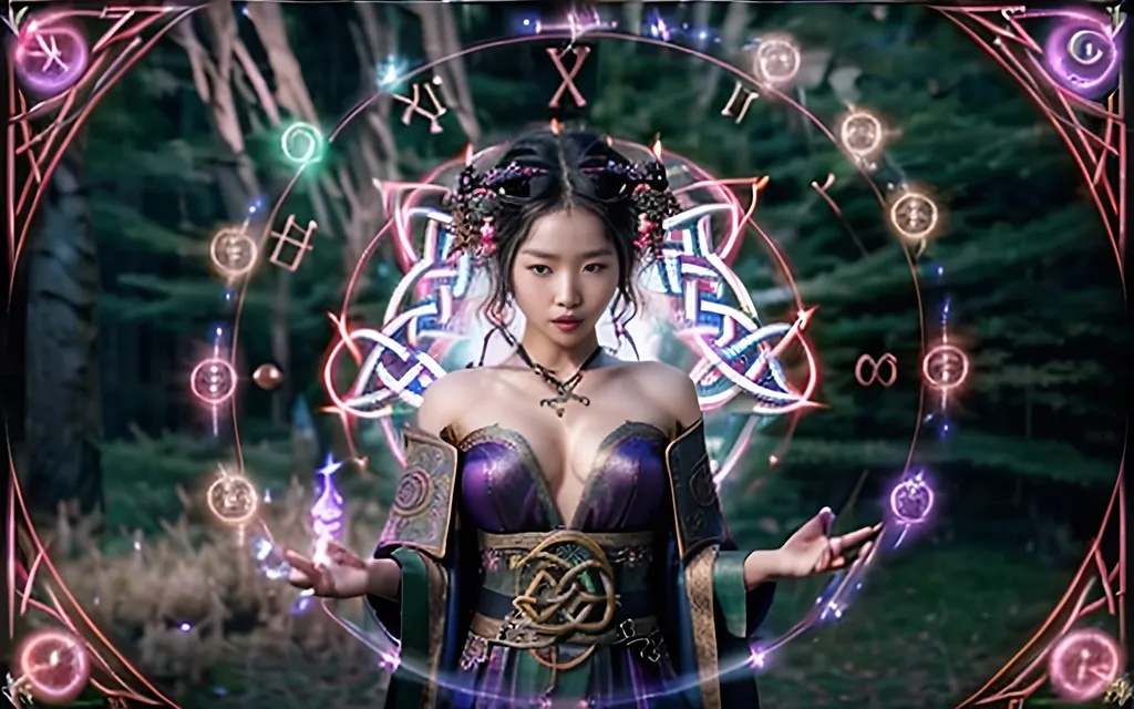 Prompt: Image of a gorgeous young adult Korean Rune Caster with styled hair, perfect girl next door look, full luscious lips, perfect body composition, wearing stunning mystical robes,

summoning multiple wild magic with swirling 3D realistic Celtic rune symbols and 3D realistic colorful spells, surrounded by the magical weaves, on the night of the dead, at midnight,

distorted time lapsed Image created using a wide landscape lense, ISO 500, f/1.8, Splash art, dark fantasy art, hyper realistic, super detailed, 64k, high quality, sharp focus, studio photo, perfect lighting and shadows.