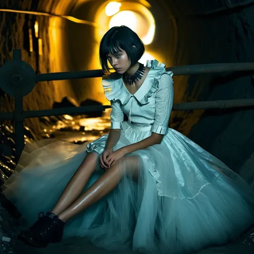 Prompt: close-up of a (23-year-old) woman with a (skinny waist) and (medium bob cut hair), sitting on the floor in a dimly lit sewer tunnel, rubble and filth cover the ground,

Wearing an multi-color highly detailed ultra frilly and fluffy bridal gown, ((Thick heavy iron collar around their neck)) 

(gothic art style), (dystopian and cyberpunk elements), spot light on focus target, moody and atmospheric lighting, cinematic shadows highlighting her features, ultra-detailed, textured backdrop, evocative and intense setting.