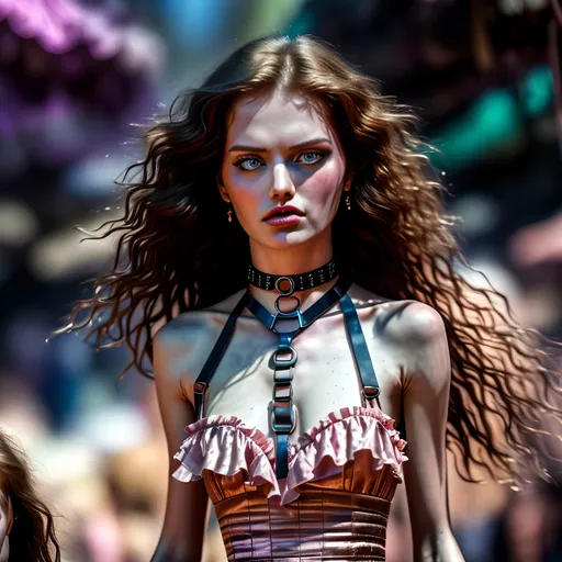 Prompt: a closeup image of a 23 year old adult (feminine body), ((flat chest)), skinny waist, badly cut and mangled hair. open eyes, scared, heavy ultra feminine makeup.

random pose.

Wearing a ((Thick heavy iron collar around their neck)) and a multi-color frilly fluffy 5 layered petticoat dress.

At a crowded outdoor market with people 

Thoughtfully composed, hyper-realistic quality, ultra-detailed 4K imagery.