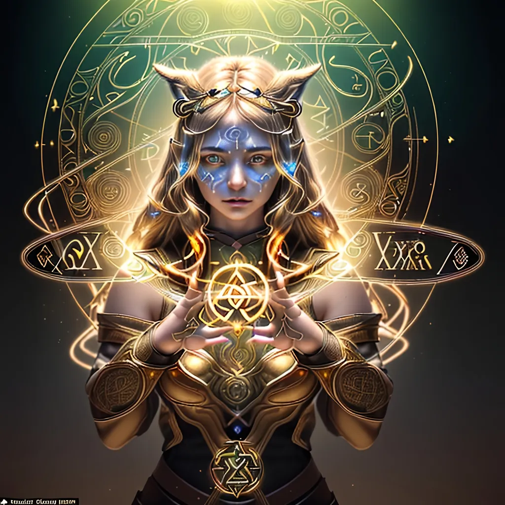 Prompt: Create a mesmerizing Image of a gorgeous young adult Rune Caster stunning Intense depiction of a girl, her face covered in complex fractal art technological motif, highlighted in light bronze and gold color, set against a contrasting light and dark detailed environment.

summoning multiple colors wild magic swirling 3D realistic Celtic rune symbols casting light in the background and 3D realistic colorful spells, surrounded by the magical weaves, at midnight,

distorted time lapse Image, wide landscape lense, ISO 500, Aperture f/22, APS-C, Splash art, dark fantasy art, stunning bokeh, super detailed, 64k, high quality perfect lighting, perfect shadows.