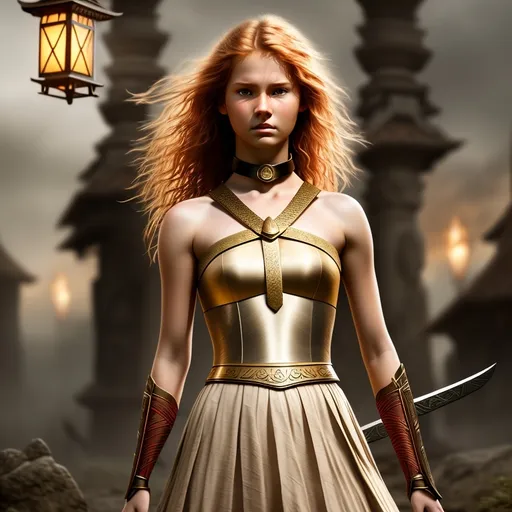 Prompt: Create an image of a young adult (full petite body) skinny waist, warrior princess, holding a warrior appropriate weapon, carrying a lantern at shoulder height  ((Thick heavy iron collar tight around neck)), Random Hair Color.

((Random pose)). 

Detailed lighting and slight dramatic shadows, atmospheric mood, rich textures, historical undertones, thoughtfully composed, hyper-realistic quality, ultra-detailed 4K imagery.