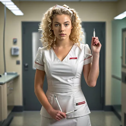 Prompt: highly detailed Leonardo Da Vinci style image of a young 25-year-old (full body)  ((nurse holding a large syringe in her hand)), blonde curly hair, looking intently at the camera, wearing a form fitting nurses dress uniform. In a medical exam room.