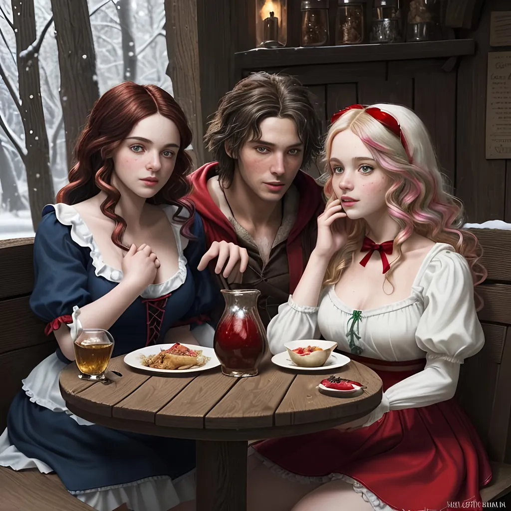 Prompt: Create the Image of a gorgeous young adult Brothers Grimm depiction of "Red Riding Hood", "Snow White", young adult "Gretel", and "Alice from Wonderland", with random natural hair colors, perfectly detailed cute face, full luscious lips, natural freckles, perfect body composition,

meeting in a tavern, sitting at a table drinking mead,

hyper realistic, super detailed, 8k, high quality, trending art, trending on artstation, sharp focus, studio photo, perfect lighting and shadows.