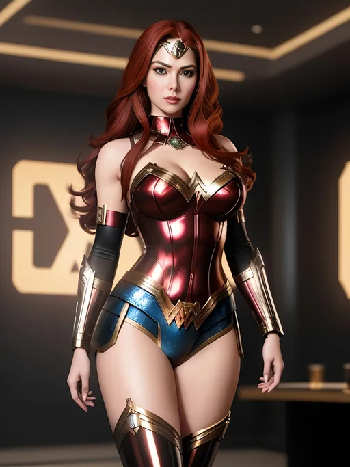 Prompt: Create a highly detailed AI defined full body image of an amazingly detailed perfect, ultra gorgeous, stunning, uber "Girl Next Door Look" adult woman, redhead, Wonder Woman, 

wearing steampunk style enticing futuristic battle tech, ample cleavage on display,

Award winning super detailed high gloss latex, hyper detailed image, cinematic lighting and scale, super detailed, 64k, high quality perfect lighting,