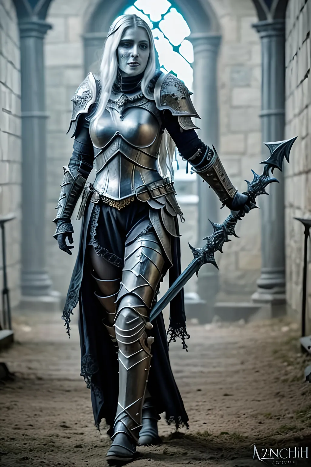 Prompt: Create a highly detailed AI defined image of a highly detailed medieval undead fantasy female death knight character in a fictional fantasy realm.

wide landscape lense, ISO 500, Aperture f/22, APS-C, Splash art, dark fantasy art, stunning bokeh, cinematic lighting and scale, super detailed, 64k, high quality perfect lighting, perfect shadows.