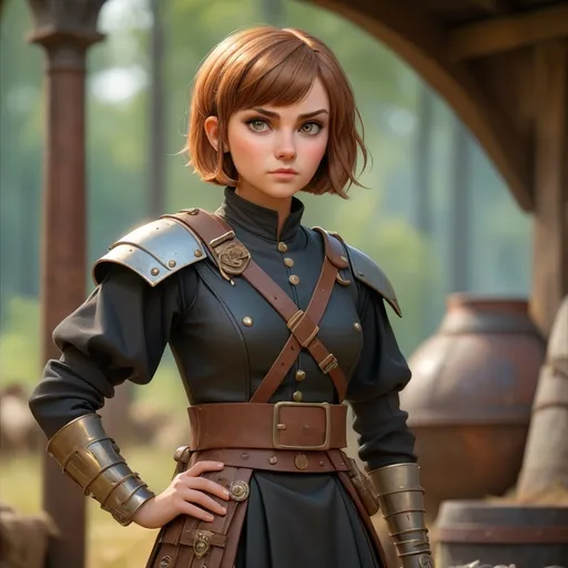 Prompt: (Steam punk style), Highly detailed background is an ancient Roman military supply cache in a Roman camp the guard is a 25-year-old ((full body)) ultra petite feminine person, short bob cut hair, (light brown hair), (adult slightly masculine facial features), exquisitely small waist, (black steel collar), wearing an ultra slim ancient Roman military uniform, holding a Gladius. warm color tones creating a cozy atmosphere, (ultra-detailed, HD) quality.