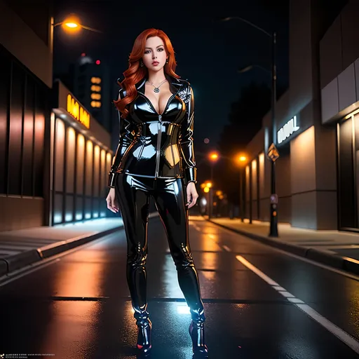 Prompt: Create a highly detailed AI defined full body image of an ultra detailed perfect, gorgeous, and stunning redhead "Girl Next Door Look" adult woman, outside on a dark city street,

Award winning super high gloss latex image, cinematic lighting and scale, super detailed, 64k, high quality perfect lighting,