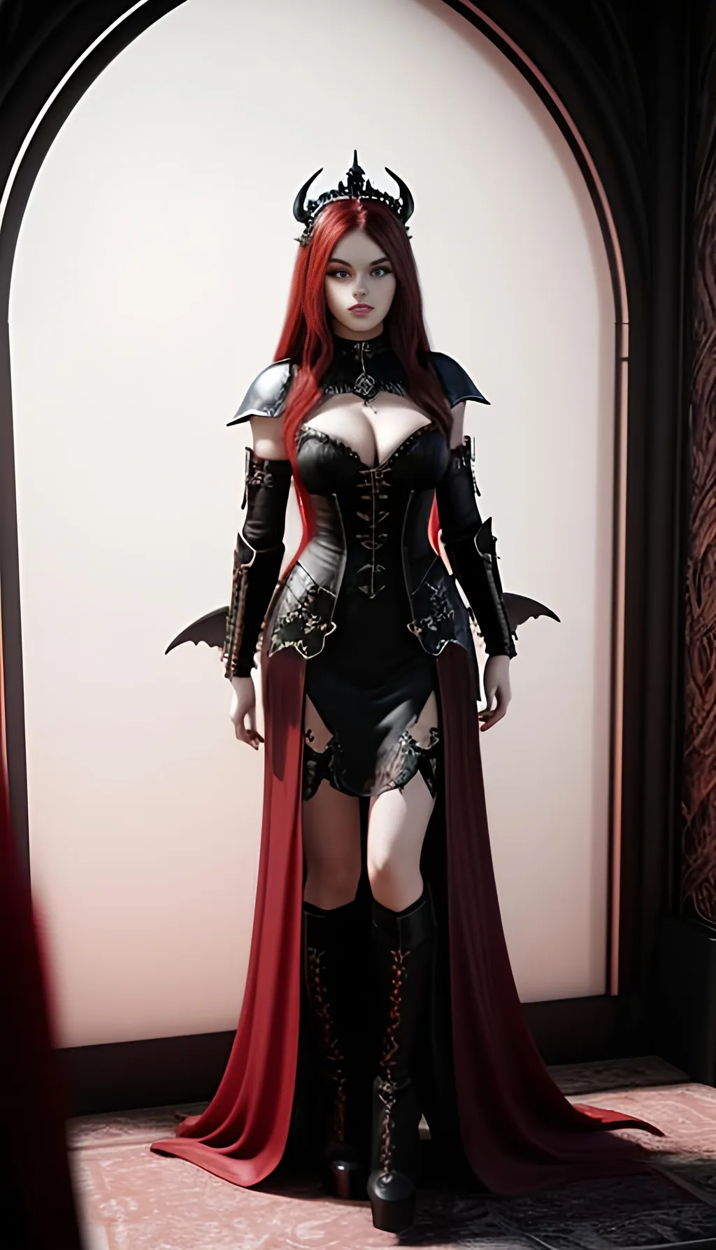 Prompt: sensuous young adult female hell, demon, light armor with ample cleavage ,long wavy red hair with black highlights, black conjunctiva with red iris, gothic style clothes , sitting on a hell throne in a gothic throne style throne room, ethereal, royal vibe, highly detailed, digital painting, Trending on artstation, Big Eyes, artgerm, cinematic 3d volumetric, distorted time lapse, wide landscape mode, ISO 1500, Aperture f/2.5, APS-C, RAW, Splash art, dark fantasy art, stunning bokeh, super detailed, 64k, high quality perfect lighting, perfect shadows.