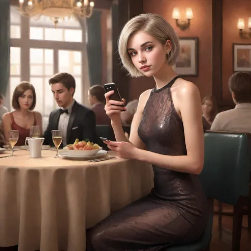 Prompt: (ultra realistic digital art), 20 year old petite feminine male, wearing (tight evening gown), ((ultra soft petite feminine facial features, no adam's apple)), shoulder length bob cut random color hair, intently looking at a friend while holding an i-phone, sitting at a dining table in a restaurant, a waiter in the background, warm and inviting hues, emphasizing the softness of light, creating a cozy ambiance, extraordinary detail, rich textures, atmospheric depth, high-quality image, elaborate backdrop.