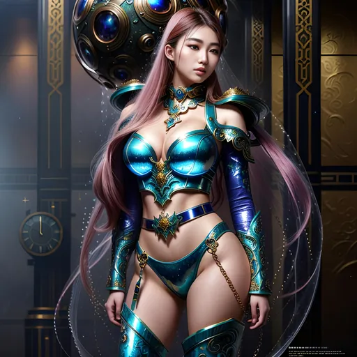 Prompt: splash art, hyper detailed, ultra realistic, highly detailed, surreal heavy mist, floating at the edge of the Universe, AI defined exquisitely beautiful, totally ultra realistic young adult Asian time keeper, Gorgeously detailed facial features, sumptuous cleavage, perfect body proportions, ultra pale, visible midriff, heavy iron collar, transforming from a dystopian swirling mass of high gloss multi color latex,

Perfect studio lighting, perfect shading, impeccable contrast, HDR, UHD, high res, 64k, cinematic lighting, special effects, hd octaneArtgerm, WLOP, dynamic studio quality lighting hyper-detailed, intricately detailed, Splash art, trending on Artstation, triadic colors, Unreal Engine 5 volumetric lighting, unreal engine, octane render.
