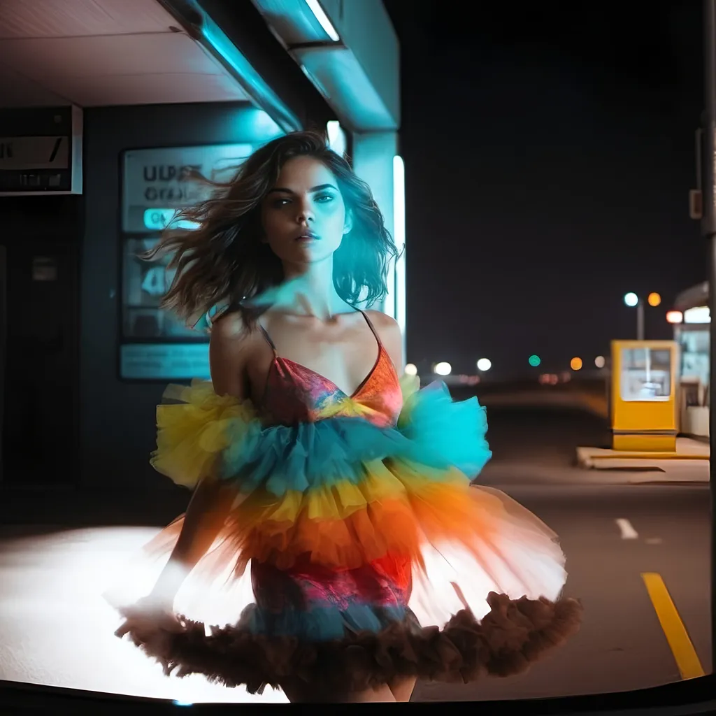 Prompt: an closeup image of a 23 year old adult (feminine body), ((flat chest)), skinny waist, ((bob cut hair)), open eyes, scared, heavy ultra feminine makeup.

walking along a highway gas station, random pose.

Wearing an uber short, multi-color ultra ((fluffy 5 multi-layered petticoat dress)) and a Thick heavy iron collar around their neck. 

Thoughtfully composed, hyper-realistic quality, ultra-detailed 4K imagery.