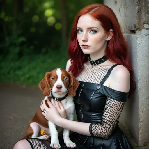 Prompt: Modern Goth style, (attractive 25-year-old) feminine petite woman), (long red hair), (freckles over the nose and cheeks), fishnet stockings (alluring soft feminine facial features), (ultra short black leather skirt), white loose crop top, black thick leather collar), a cute puppy at her feet, bending at the waist the puppy, enticing blue eyes.