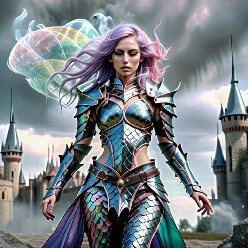 Prompt: Body surrounded by swirling multicolored large Wisps of smoke billowing from the ground, standing in dynamic poses,

She stands in a dramatic, dynamic pose. Wearing dragon scale armor, exposed midriff, form fitting short skirt, stylistic and heavily detailed. preparing for battle on a surreal Medieval battle field