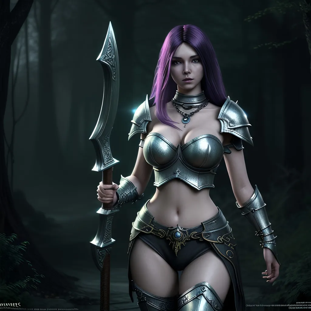 Prompt: Create an ultimate realistic ultra detailed splash art image of an exquisitely beautiful ultra deatailed young adult AI designed fantasy woman, hyper detailed highly gorgeous innocent look, random color hair, random hair style, detailed facial features, sumptuous cleavage, perfect body proportions, visible midriff, 

heavy iron collar, 1980’s fantasy chain style mail Paladins armor, in a fantasy realm dark forest, wearing a large in ornate battle axe,

Perfect studio lighting, perfect shading, impeccable contrast, HDR, UHD, high res, 64k, cinematic lighting, special effects, hd octaneArtgerm, WLOP, dynamic studio quality lighting hyper-detailed, intricately detailed, Splash art, trending on Artstation, triadic colors, Unreal Engine 5 volumetric lighting, unreal engine, octane render.