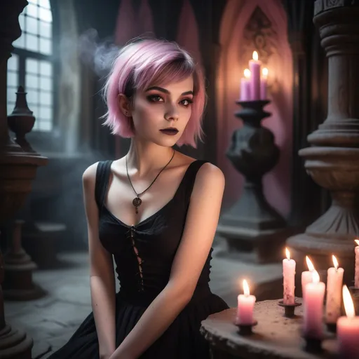 Prompt: Modern 25-year-old ultra petite woman, attractive), (short cut length hair), (soft feminine makeup), (soft feminine facial features), (slightly pink glowing skin). wearing a loose top and short skirt.

Conjuring magic and casting a spell on a man in a gothic temple lair, a multi colored mist filling the room, room filled with burning candles, holding a magical orb in outstretched hands.