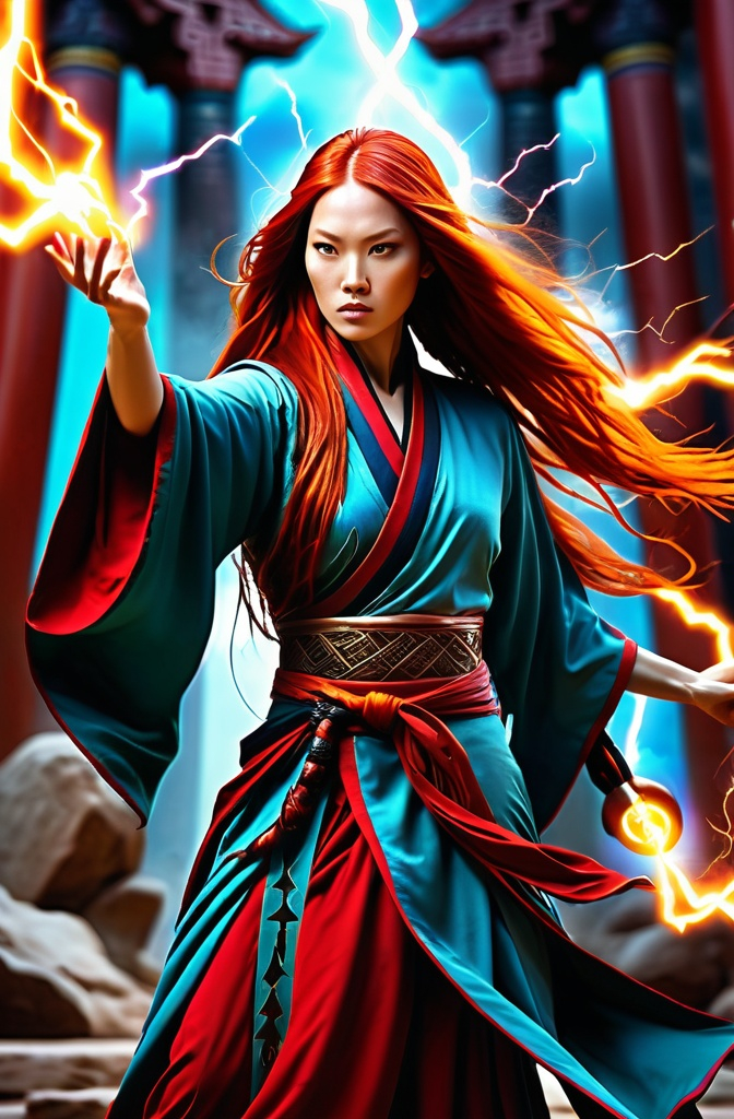 Prompt: Gorgeous, stunning, beautiful, otherworldly slender fantasy style Tai Chi martial artist sorceress casting magic lightning bolts, she has long flowing red hair, wearing ancient elegant revealing robes, elaborate posing, full body, centered, fantasy setting, character concept, cinematic, colorful background, concept art, dramatic lighting, highly detailed, hyper realistic, intricate sharp details, octane render, smooth, ultra studio lighting, trending on art station, 64k, HDR, unreal engine, emotive, cgi, animated, character art, iridescent, metallic