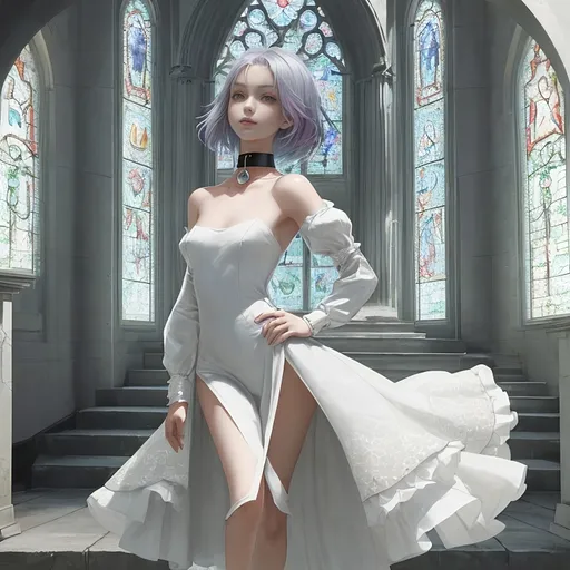 Prompt: Full body, Modern 25-year-old ultra petite woman, attractive), (random color hair, random ultra short natural hair), ((soft ultra petite feminine features)), (soft boyish facial features), exquisitely small waist, wearing a tight summer dress with floral imprints, (black steel collar), (standing outside a country chapel)

Dramatic contrasts of light and shadow,  (highly detailed), (HD), evoking a blend of elegance and technology.