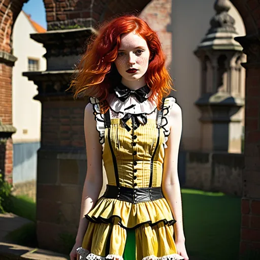 Prompt: Modern Goth style, (attractive 25-year-old) feminine petite woman), (long red hair), (freckles over the nose and cheeks), fishnet stockings (alluring soft feminine facial features), frilly and fluffy yellow and white pinafore and multi-layer petticoat dress, and black thick leather collar).