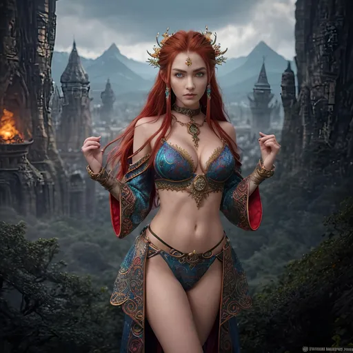 Prompt: Create a full body, fantasy style ultra Intricate detailed mythical style "top of the world". Focused on an hyper cute young slender female random color hair woman, intricately detailed piercing blue eyes, alluring gaze, healthy features and skin, red hair, proportionate cleavage, wearing an iron slave collar, wearing multi color silk robes,

Professional Photo Realistic Image, RAW, artstation, splash style dark fractal paint, contour, hyper detailed, intricately detailed, unreal engine, fantastical, intricate detail, steam screen, complementary colors, fantasy concept art, 8k resolution, deviantart masterpiece, splash arts, ultra details Ultra realistic, hi res, UHD, 64k, 2D art rendering, depth of field 4.0, APSC, ISO 1600, zoom 0.5
