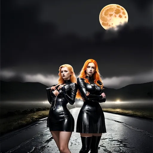 Prompt: two women in leather dresses standing on a wet road at night with a full moon in the background and a foggy sky, random pose, blonde or ginger hair color, gothic art, promotional image, a poster