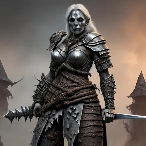 Prompt: Create a highly detailed AI defined image of a highly detailed medieval undead fantasy woman warrior character in a fictional fantasy realm killing an orc.