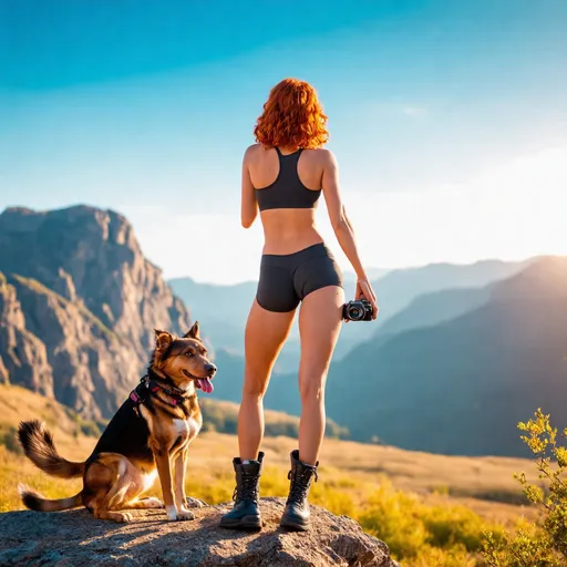 Prompt: Wide angle, photo realistic image of a super cute young adult woman, beautiful shoulder length curly red hair, beautiful, slim, slender and athletic body. 

Wearing a Lycra crop top and spandex shorts, hiking boots. 

Confidently and dynamically posed atop a rock on a mountain, peering outward during a vibrant and gorgeous sunrise. Holding a camera in one hand, showcasing determination, (high-quality digital rendering), vibrant colors that evoke adventure, dynamic lighting illuminating both the woman and dog, imaginative and lush highly detailed, majestic high rugged mountain landscape behind, emphasizing courage and companionship, (Dirk Crabeth style) reminiscent of epic tales.

Golden hour warmth. Dynamic, soft lighting, shimmering bokeh on her skin. Free-flowing brush strokes, reminiscent of John William Waterhouse. Best quality. 8k resolution. Masterpiece. Incredible detail. Hyper-realistic vivid digital art influences. Stunning color palette. Triadic colors. Cinematic film still. Legendary fantasy heroine.