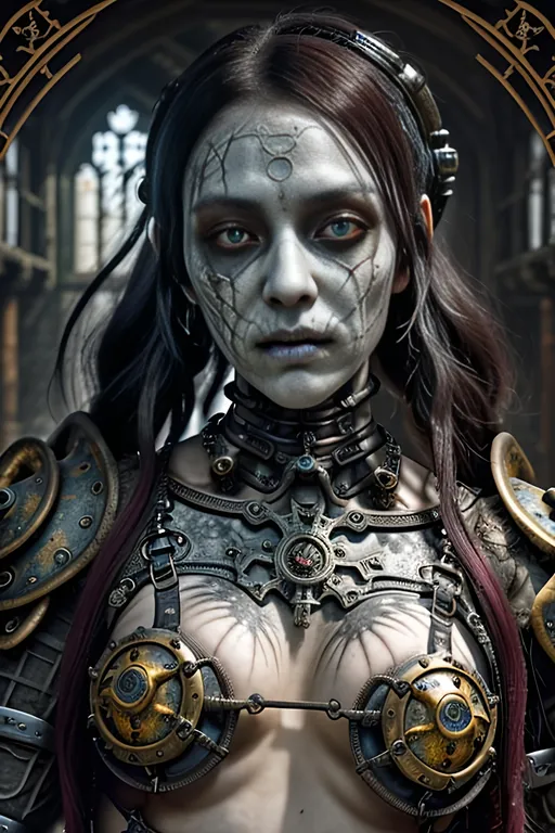 Prompt: Create a highly detailed AI defined design of a medieval decaying, undead fantasy young adult woman warrior, symmetrically sensuous, perfect highly detailed Korean, quality medieval setting, detailed decaying body, no jaw bone, inspiring vibrant colors, steampunk style background, masterpiece:1.4, best quality:1.0, photo realistic