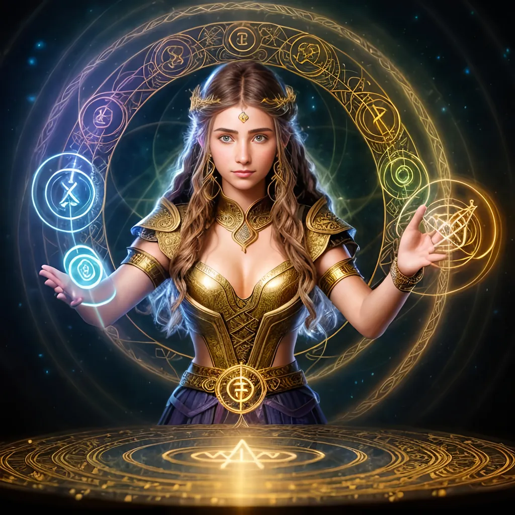 Prompt: Create a mesmerizing Image of a gorgeous young adult Rune Caster stunning Intense intricately detailed depiction of a girl, her face covered in complex fractal art technological motif, highlighted in light bronze and gold color, set against a contrasting light and dark detailed temporal time travel environment.

summoning multiple colors wild magic swirling 3D realistic Celtic rune symbols casting light in the background and 3D realistic colorful spells, surrounded by the magical weaves, at midnight,

wide landscape lense, ISO 500, Aperture f/22, APS-C, Splash art, dark fantasy art, stunning bokeh, super detailed, 64k, high quality perfect lighting, perfect shadows.