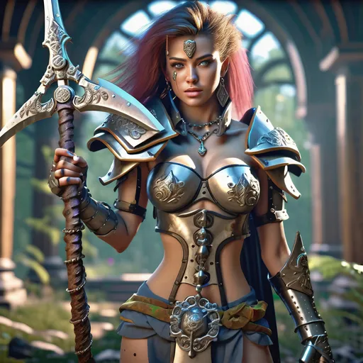 Prompt: Create an ultimate realistic ultra detailed splash art image of an exquisitely beautiful ultra detailed young adult AI designed fantasy woman, hyper detailed highly gorgeous innocent "girl next door look", random color hair, random hair style, detailed facial features, sumptuous cleavage, perfect body proportions, visible midriff, 

heavy iron collar, 1980’s fantasy chain style mail Paladins armor, in a fantasy realm dark forest, wearing a large in ornate battle axe, in a fantasy fighting pose,

Perfect studio lighting, perfect shading, impeccable contrast, HDR, UHD, high res, 64k, cinematic lighting, special effects, hd octane Artgerm, WLOP, dynamic studio quality lighting hyper-detailed, intricately detailed, Splash art, trending on Artstation, triadic colors, Unreal Engine 5 volumetric lighting, unreal engine, octane render.
