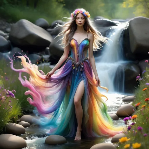 Prompt: inimage, create a photo-realistic image of a gorgeous slender faerie princess, with Knee length flowing noble gown, extra long flowing hair, made of multi-colored smoke. Standing in a meadow filled with flowers, next to a bubbling stream rushing over multi-colored river stones. Body surrounded by swirling multicolored Wisps of smoke billowing from a jewel on the noble belt wrapped tightly around her waist. Dense multi-colored smoke and fog filling the air. illuminated by soft, warm lighting that enhances textures in her clothing and height differences. Capture the realistic, enchanted atmosphere of a natural setting without shifting any character traits, focusing on lifelike textures, vivid colors, and sharp contrasts, UHD, 8k, zoom out, smooth, sharp focus, unreal engine 5, in studio lighting. In the style of a Romantic Fantasy Realm.